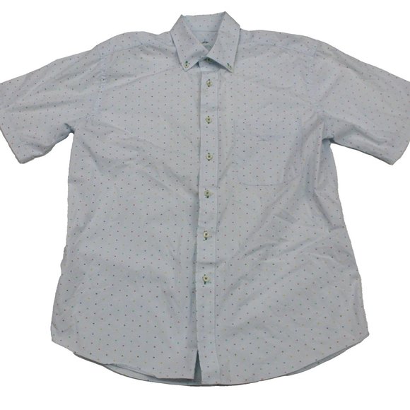Alan Flusser Mens Blue Symbol Overlap Short Sleeve Button-Down Shirt Pocket M - Picture 1 of 9